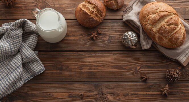 Freshly Baked Bread and Milk on a Wooden Table with Natural Elements