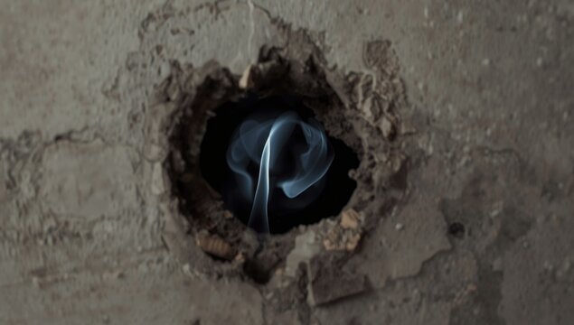 Smoke Rising Through a Hole in a Concrete Wall with Dark Background