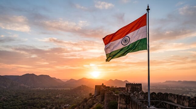 Indian national flag waving over ancient fort during sunrise for India Independence Day celebration