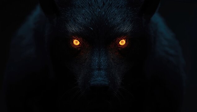 Black Creature Staring with Glowing Orange Eyes in Dark Background