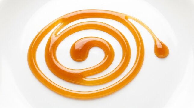 Golden Caramel Sauce Swirl Artistically Arranged on a Pristine White Background Plate
