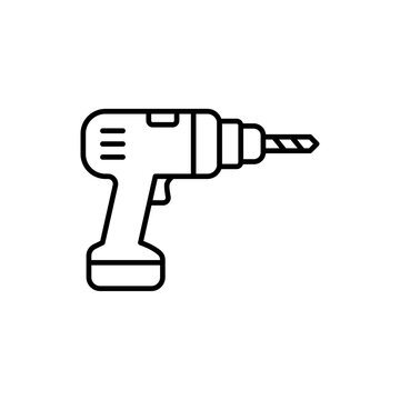Minimal line art icon depicting a cordless power drill for woodworking and assembly.
