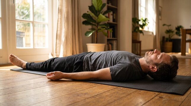 Man lying in corpse pose or Savasana on a yoga mat inside a bright living room, practicing mindfulness and meditation