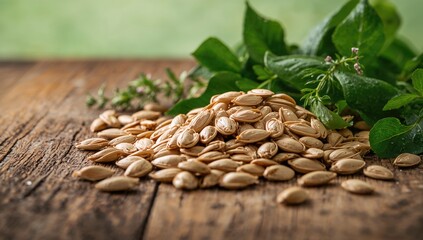 Obraz premium Pumpkin Seeds Piled on a Wooden Table with Fresh Green Herbs in Soft Natural Light