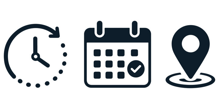 Clock, calendar and location pin vector icon collection for time, date and address concepts, appointment scheduling, meeting deadlines, business planning, productivity and organization