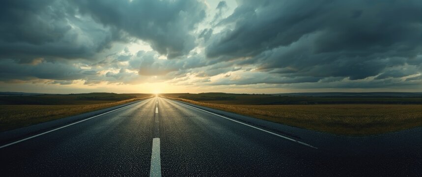 Open Road Leading to a Horizon under Dramatic Cloudy Sky at Sunset