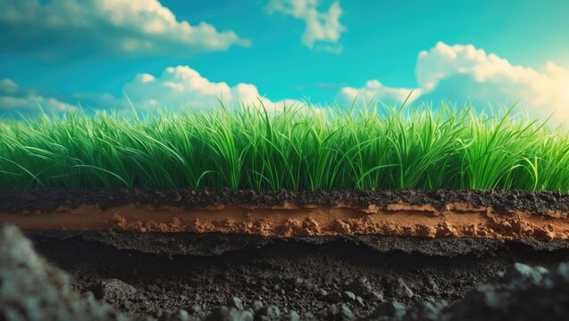 Closeup of Soil Layer with Green Grass on Top and Blue Sky Background
