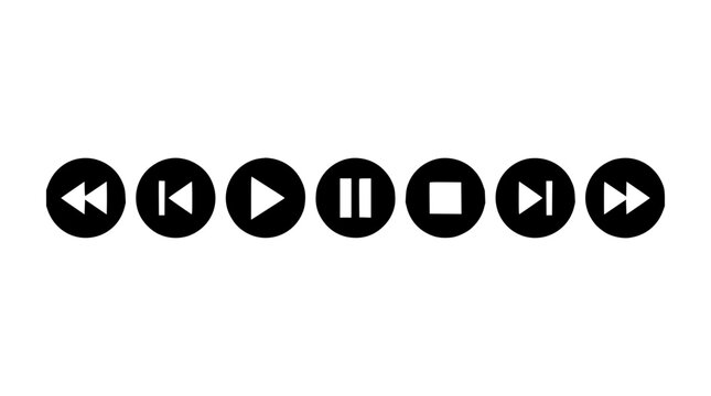 Media control icons set with play pause stop rewind fast-forward buttons featuring flat design and minimal style with thin lines and solid colors