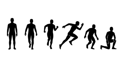 Obraz premium Silhouette figures in motion set with dynamic black shapes featuring running, jumping, and dancing people with abstract backgrounds and modern style