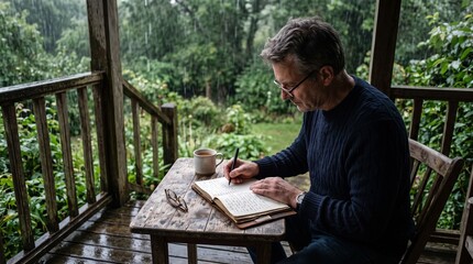 Fototapeta premium Mature man writing in a notebook while sitting on a wooden porch surrounded by lush green nature