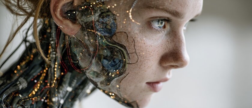 A close-up profile of a woman with digital circuit overlays on her neck and ear against a blurred background.