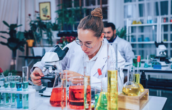 Scientist or researchers working in science laboratory, medical technology research work, science laboratory research and development concept.