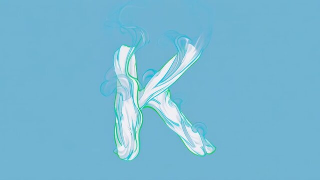 White Letter K formed with smoke dissolving in blue liquid with subtle camera movement