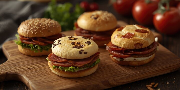 Gourmet Sandwiches Arranged on a Wooden Board with Fresh Ingredients