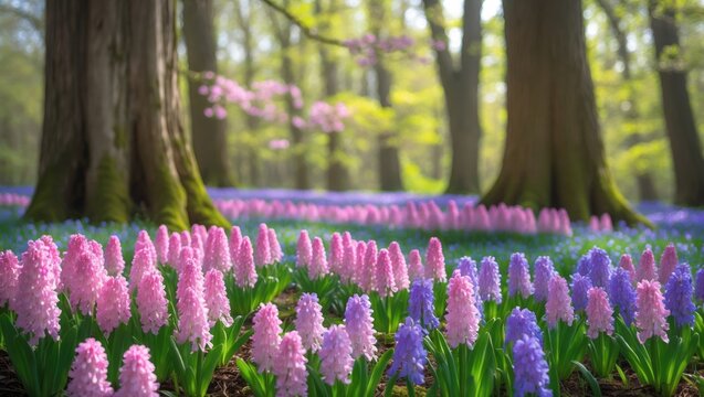 Sunny spring day in a wooded glade with pink and purple hyacinths in bloom. Lovely natural spring landscape featuring flowers, softly focused.
