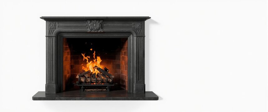Elegant Black Fireplace with Flames on White Background