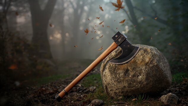Axe Leaning Against a Rock in a Misty Forest with Falling Leaves