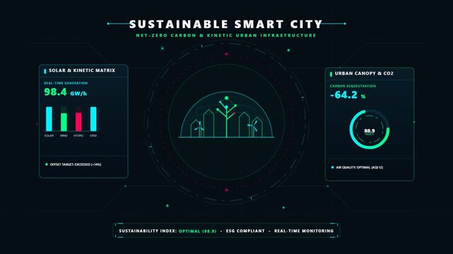 Sustainable smart city HUD interface with glowing green data panels and charts