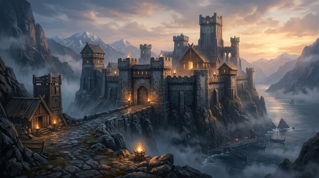 Majestic medieval fantasy castle at sunset over misty mountains and water