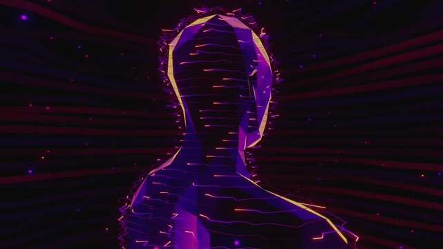 Seamless loop of abstract human bust formed by glowing horizontal scan lines. Digital futuristic artificial intelligence model made of light streams and neural network particle science background.