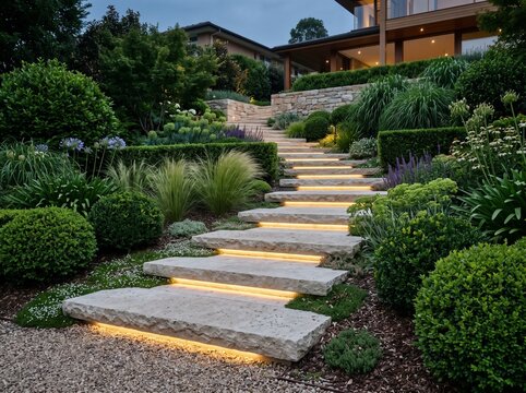 wide floating limestone garden steps integrated into a premium landscaped slope, surrounded by clipped hedges, sophisticated luxury residential landscape architecture