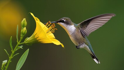 Naklejka premium Hummingbird Hovering Near Bright Yellow Flower with Green Background