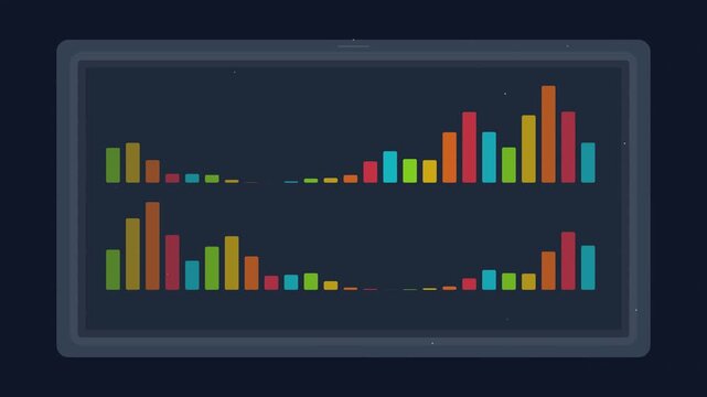 Digital colorful audio equalizer bars moving on dark screen