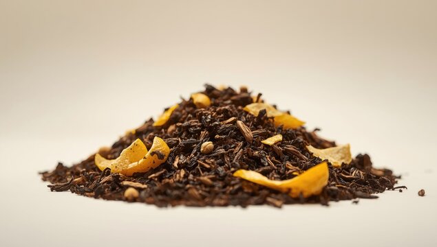 Loose Black Tea Blend with Dried Citrus Peel on a Light Background