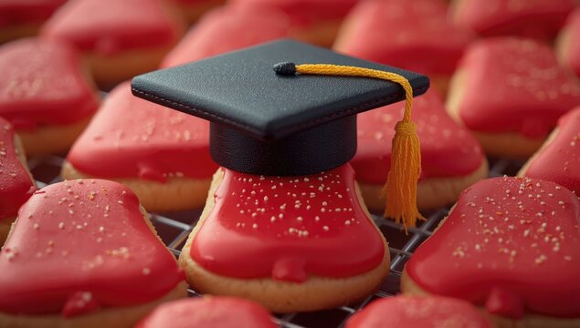 Graduation Cap on Red Heart Shaped Cookies in a Sweet Display