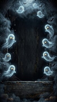 Helloween ghosts emerging from darkness frame with a wooden border