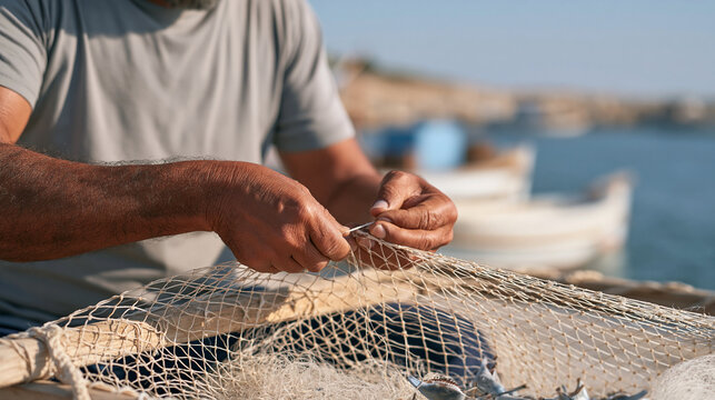 Net weaver in crowded coastal harbor market, close up on weathered hands threading traditional twine through wooden mesh frame, repair work underway beside moored vessels, fishing