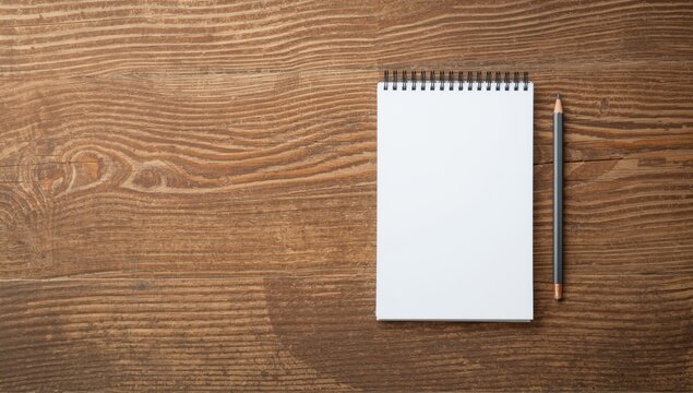Blank Notepad with Pencil on Wooden Surface in Minimalist Setting