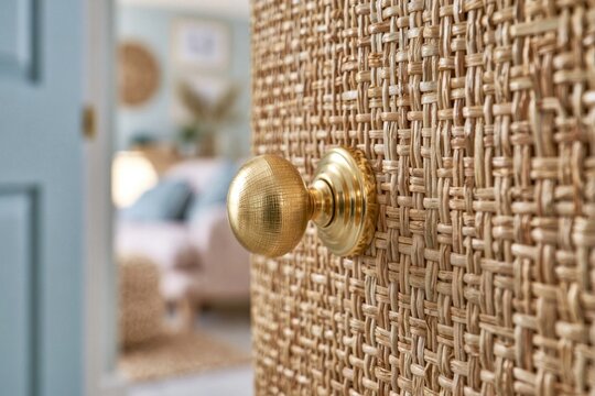 A woven rattan cabinet with a polished brass knob and a blurred room in the
