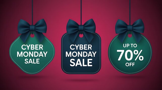 Three dark green cyber Monday sale tags with sleek black satin bows.