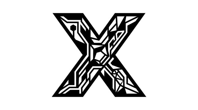 Creative Letter X Black Silhouette Vector with Futuristic Interconnected Geometric Cutouts, Technology-Inspired Design and Bold Negative Space
