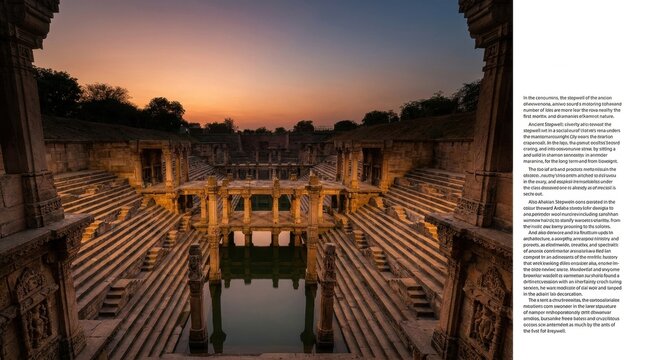 Ancient Stepwell at Dusk: A breathtaking view of a historical stepwell at twilight, with intricate stone carvings and tiered staircases descending into a tranquil pool.