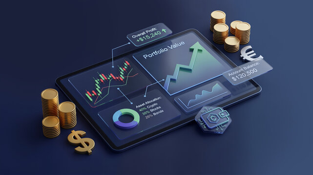 3D Financial Investment Portfolio Concept with Tablet, Wealth Metrics, and Currency Symbols