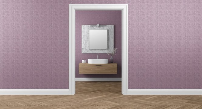 Modern Bathroom Interior Design - Minimalist Style, Purple Wallpaper, Wooden Vanity