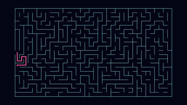 Neon blue maze with pink path tracing solution through winding corridors