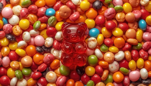 Red gummy bear surrounded by colorful jelly beans