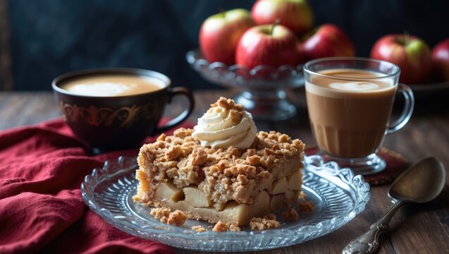 Warm Apple Crisp Presented on a Glass Plate alongside a Cup of Coffee