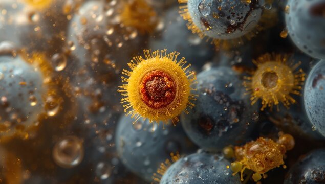 Microscopic View of Blueberries with Golden Seed - Close-Up, Vibrant, Detailed Texture