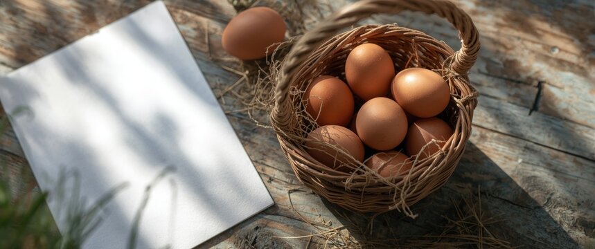 Basket of Brown Eggs on Wooden Surface with Blank Canvas in Natural Light