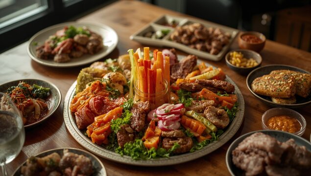 Assorted Meat and Vegetable Platter - Rustic Table Setting, Warm Lighting