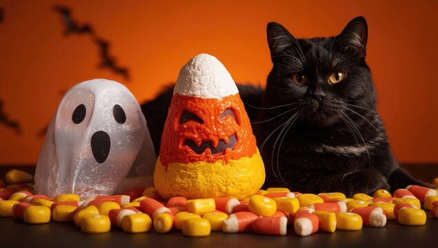 Black cat next to Halloween decorations and candy corn