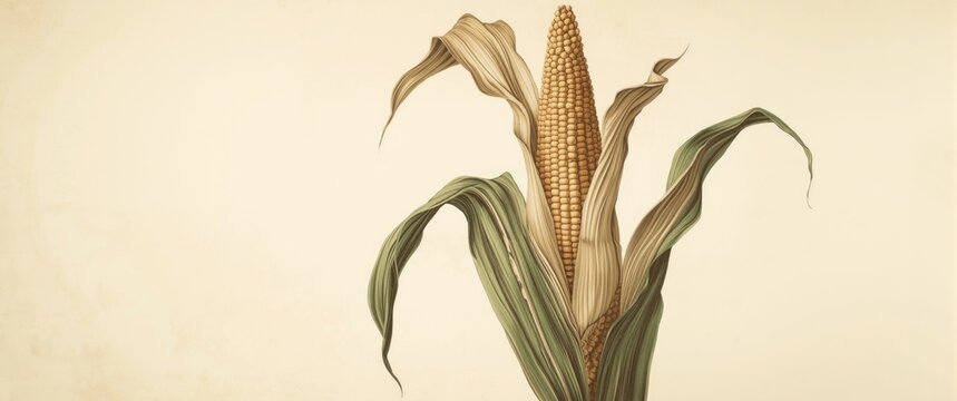 Corn plant with husk and kernels on a beige background
