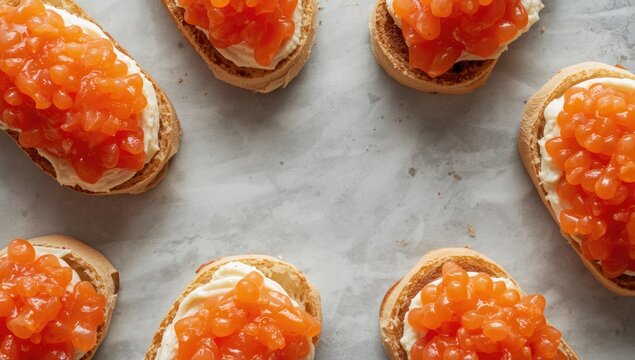Sliced bread topped with orange caviar on a marble surface