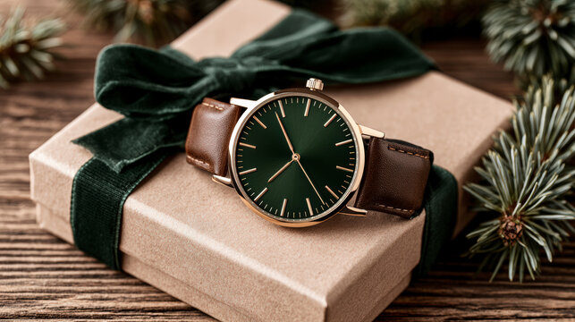 Luxury wristwatch presented as elegant Christmas gift for stylish modern male recipient