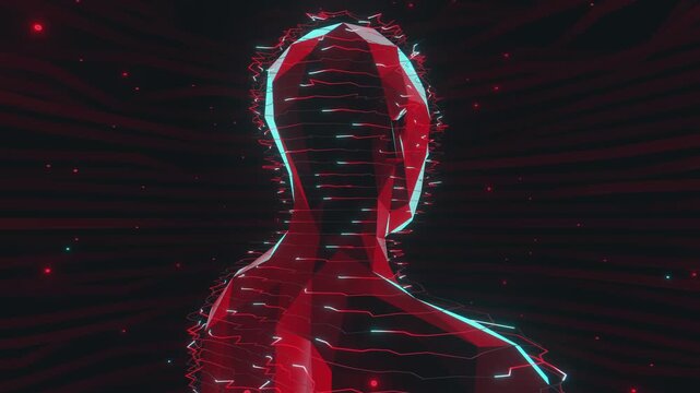 Seamless loop of abstract human bust formed by glowing horizontal scan lines. Digital futuristic artificial intelligence model made of light streams and neural network particle science background.