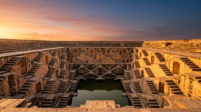 Stepwell Spectacle at Sunset: An ancient Indian stepwell with intricate geometric patterns of staircases descends into a tranquil pool of water, set against the dramatic hues of a desert sunset.